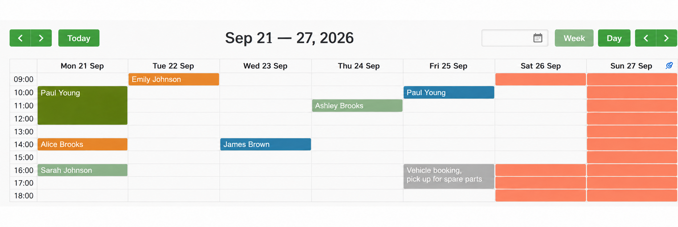The workshop's weekly calendar