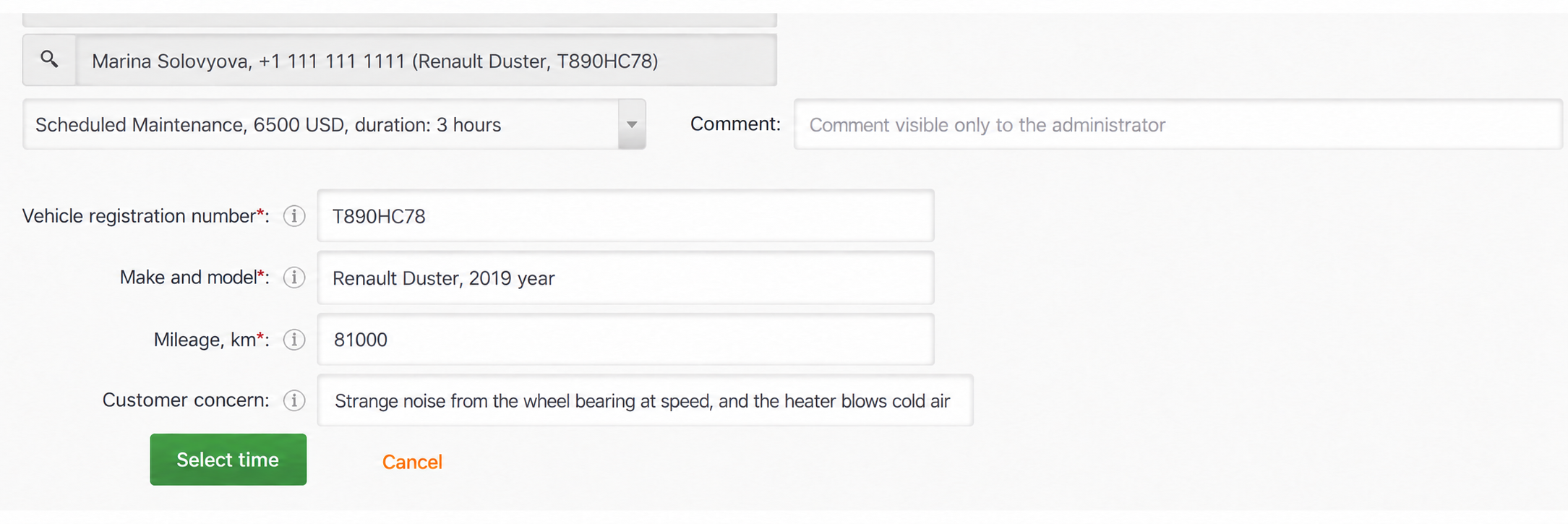 Selecting a customer, service and vehicle details