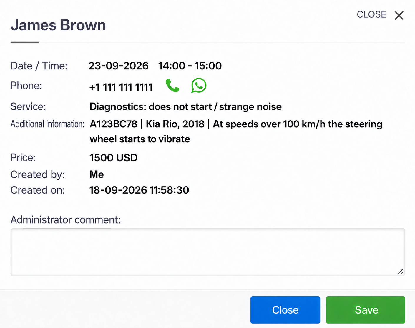 Appointment details with the registration number and reported problem