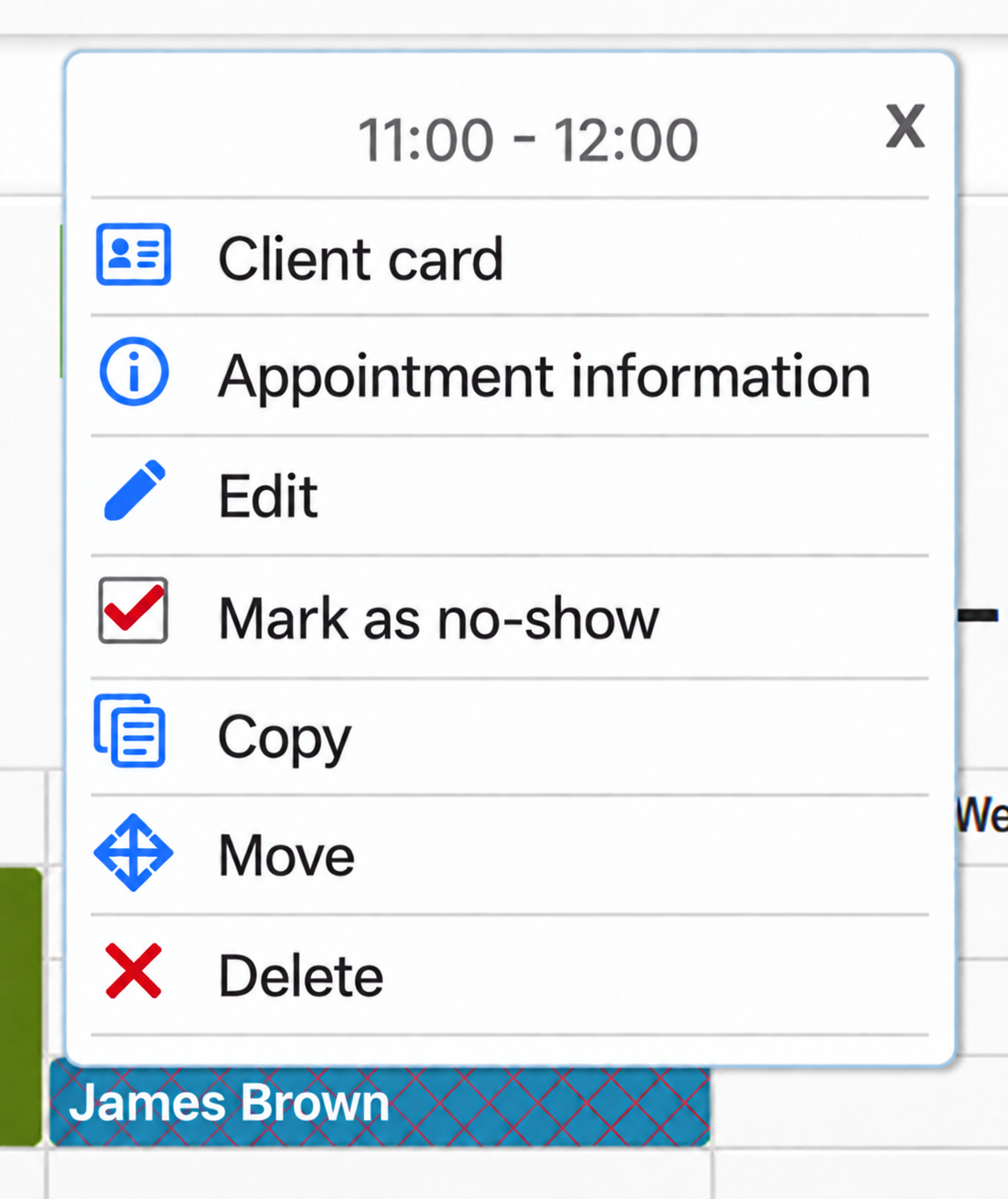 Appointment menu with the no-show action