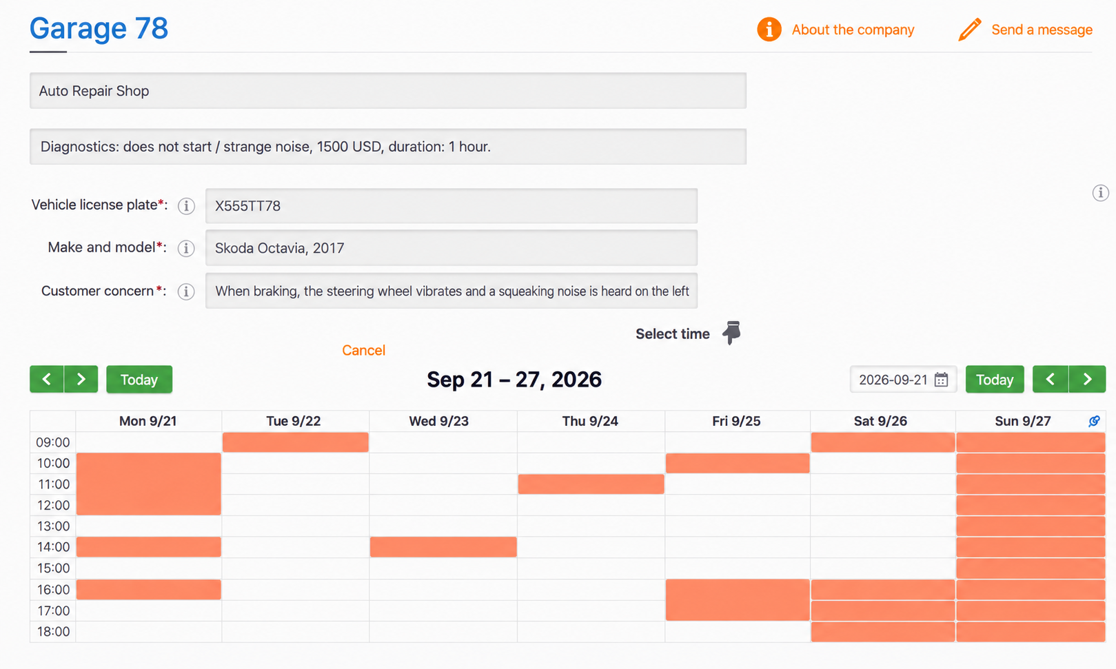 The customer booking page