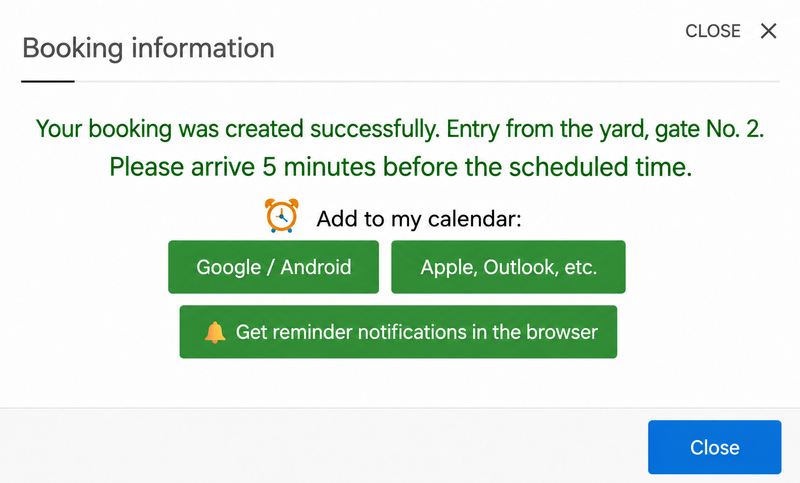 The message shown after a successful booking