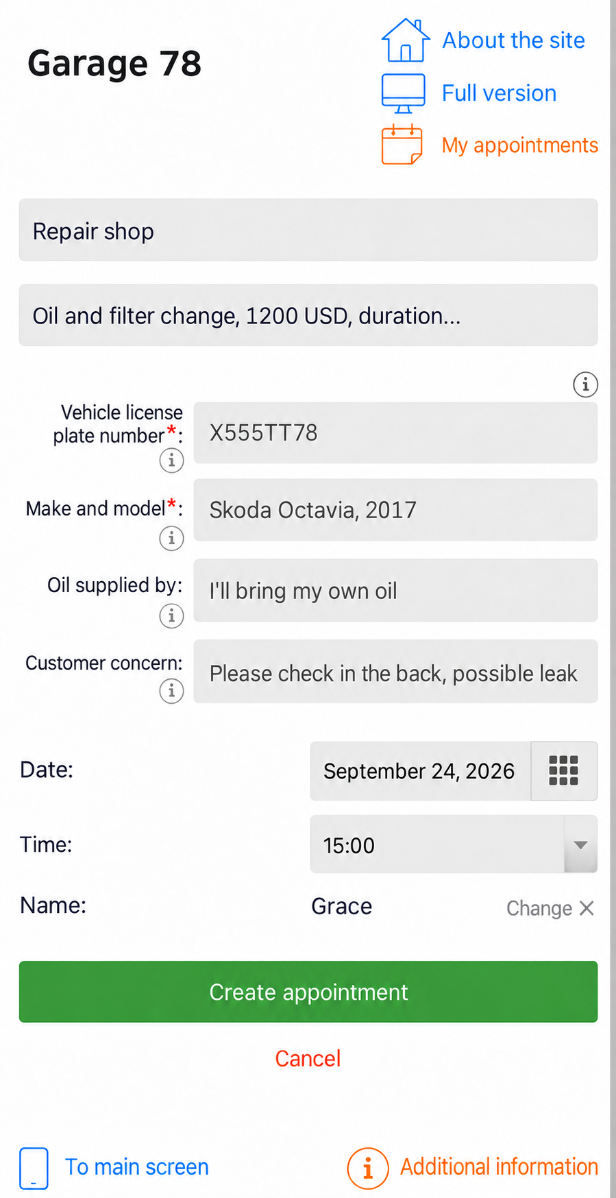 Mobile booking for the workshop
