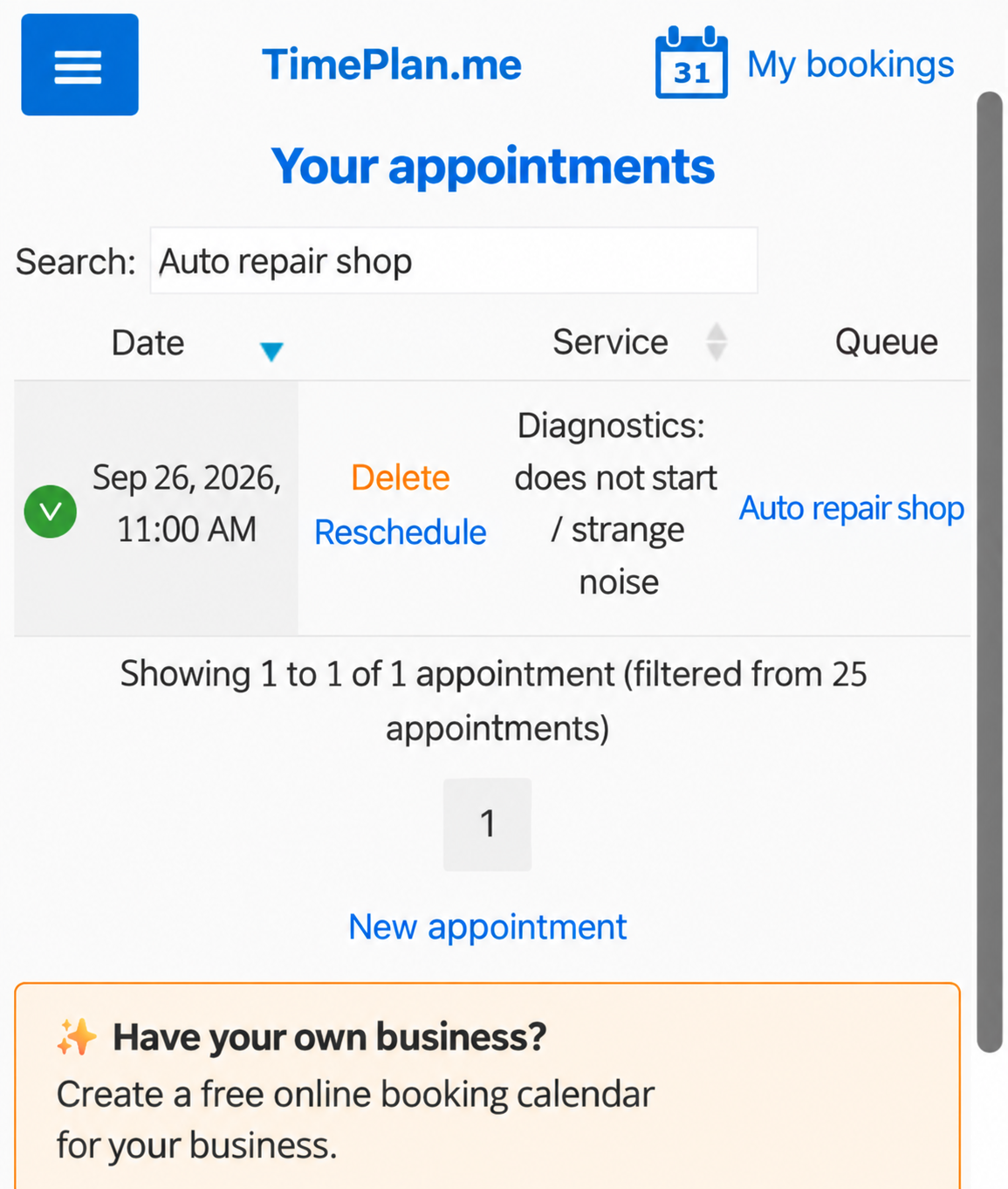The customer's My bookings page
