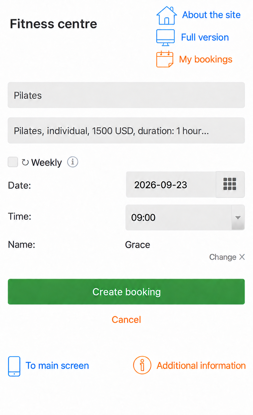 Mobile booking page before customisation