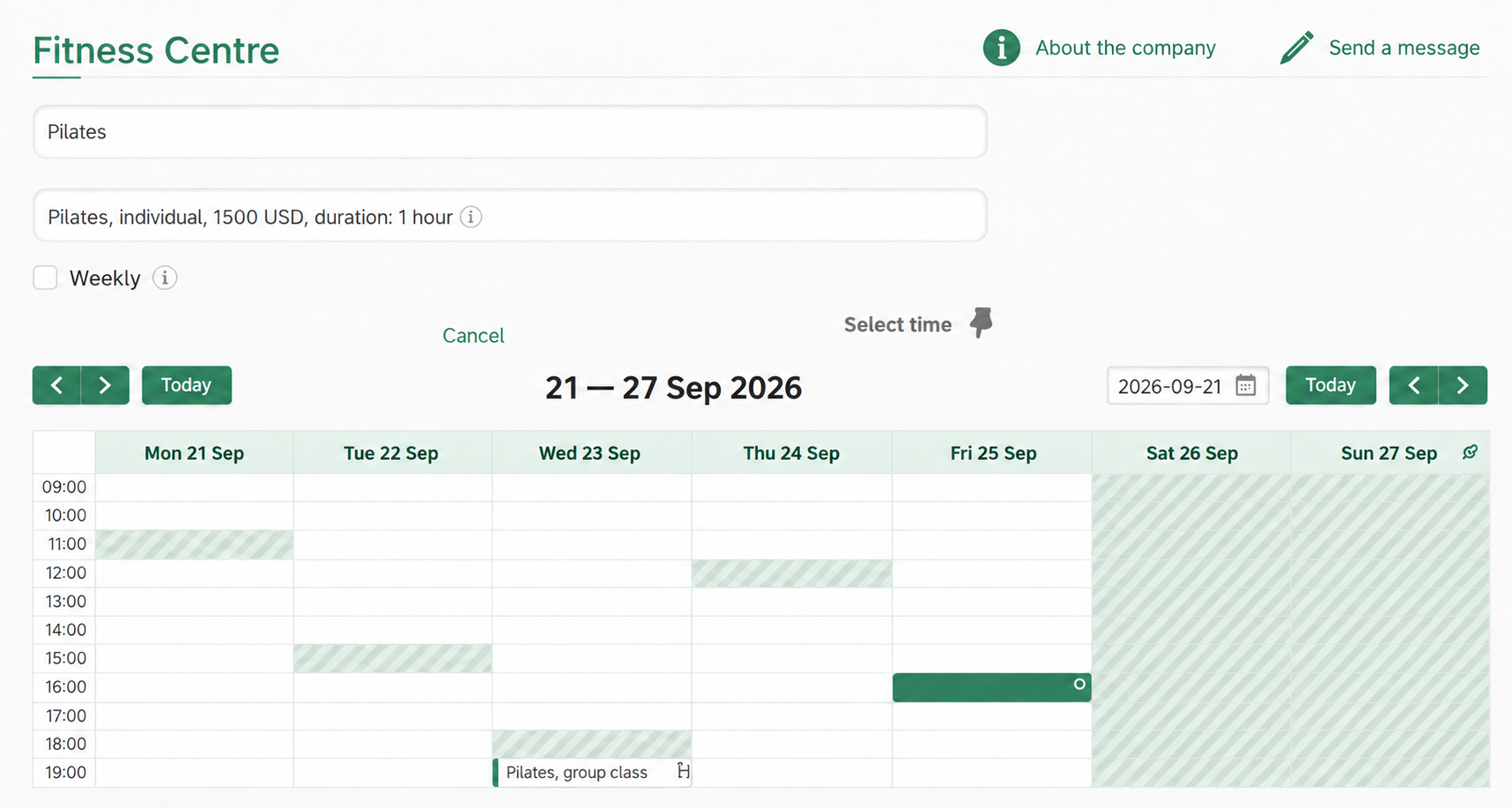 Booking page with a green brand palette