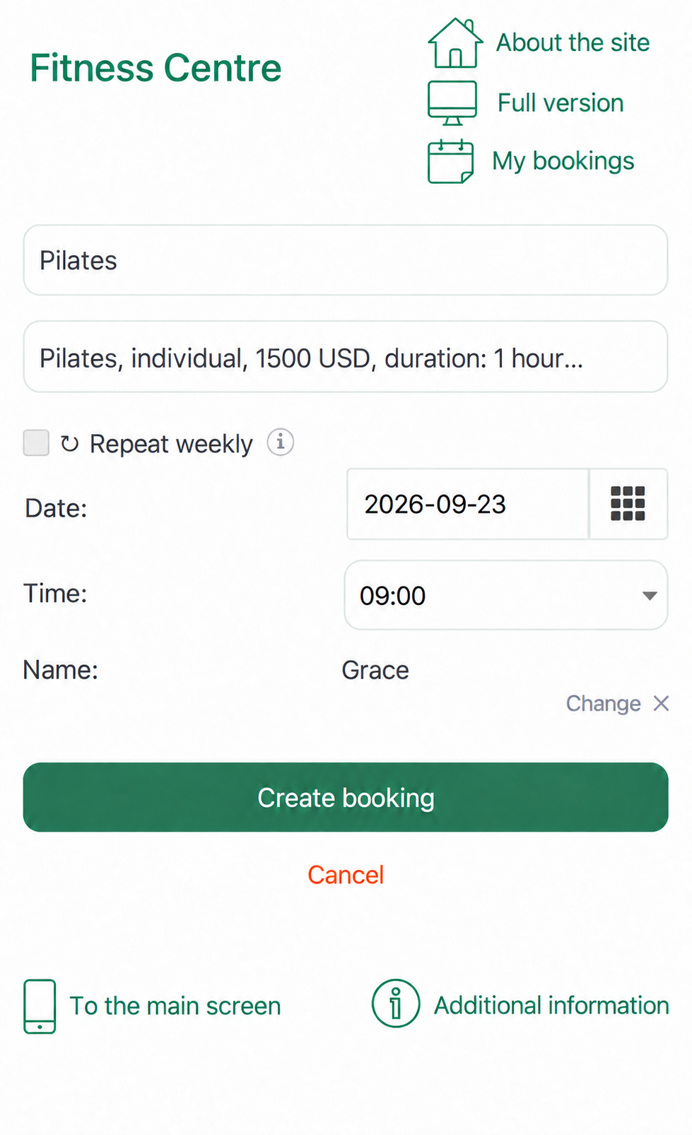 Mobile booking page using the green palette
