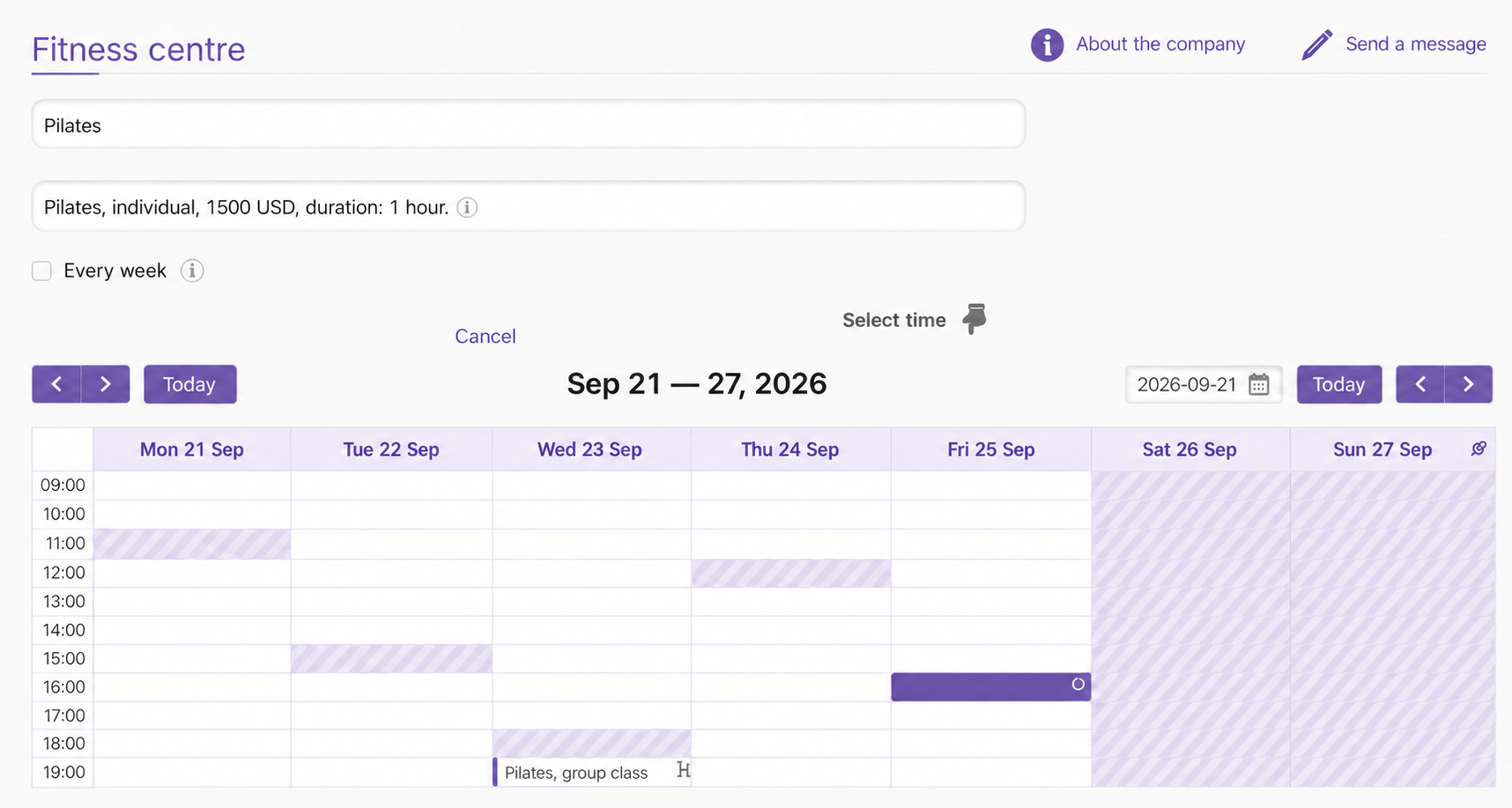 The same booking page with a purple palette