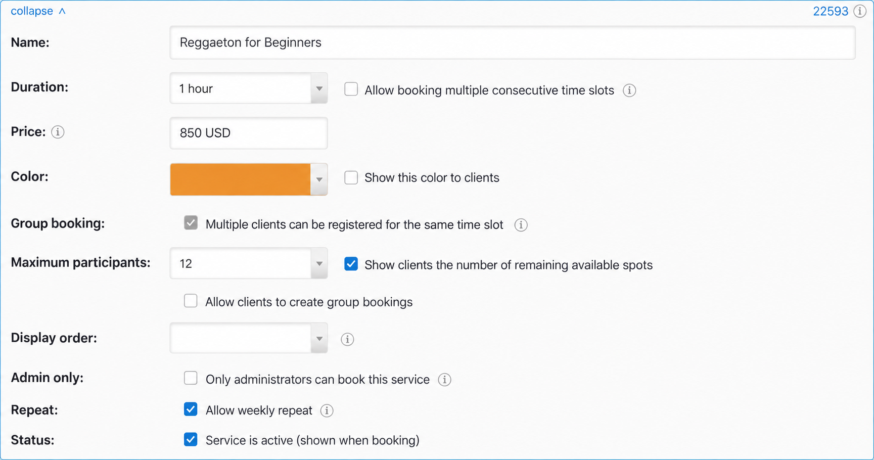 Group service with 12 places and visible availability