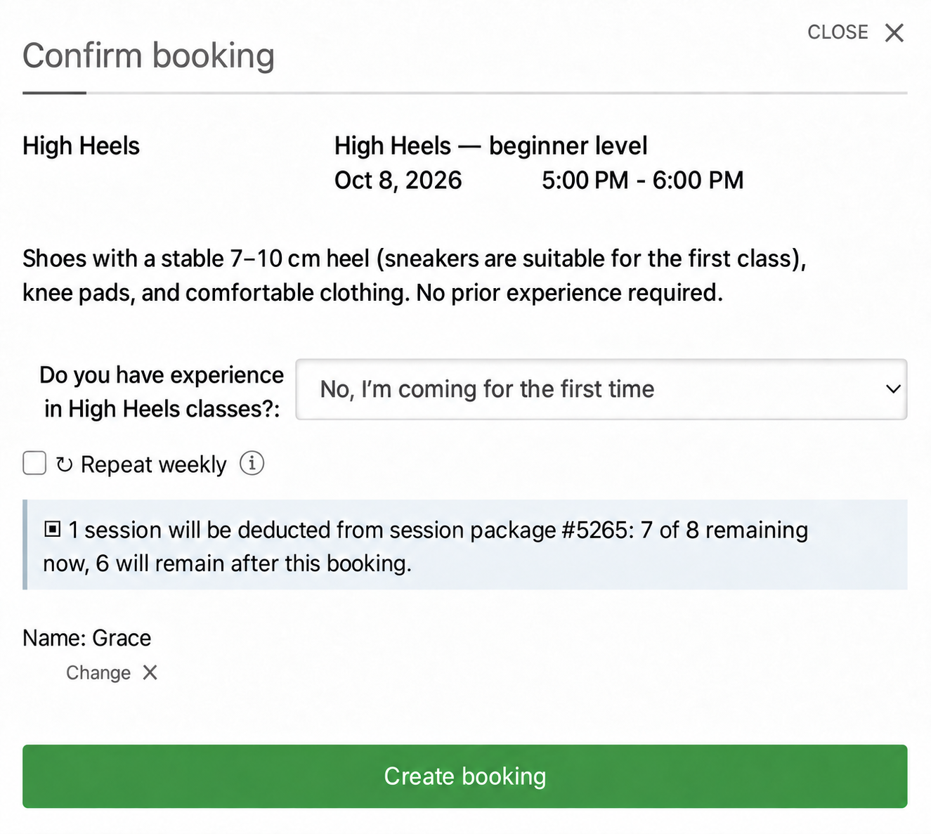 High Heels group booking with instructions and an experience field