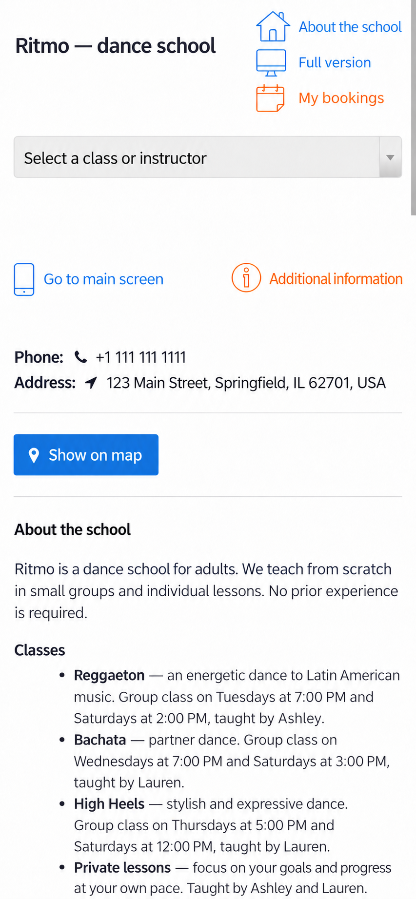 The school's mobile booking page