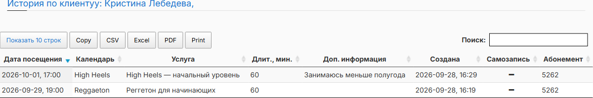 История клиента с номером абонемента