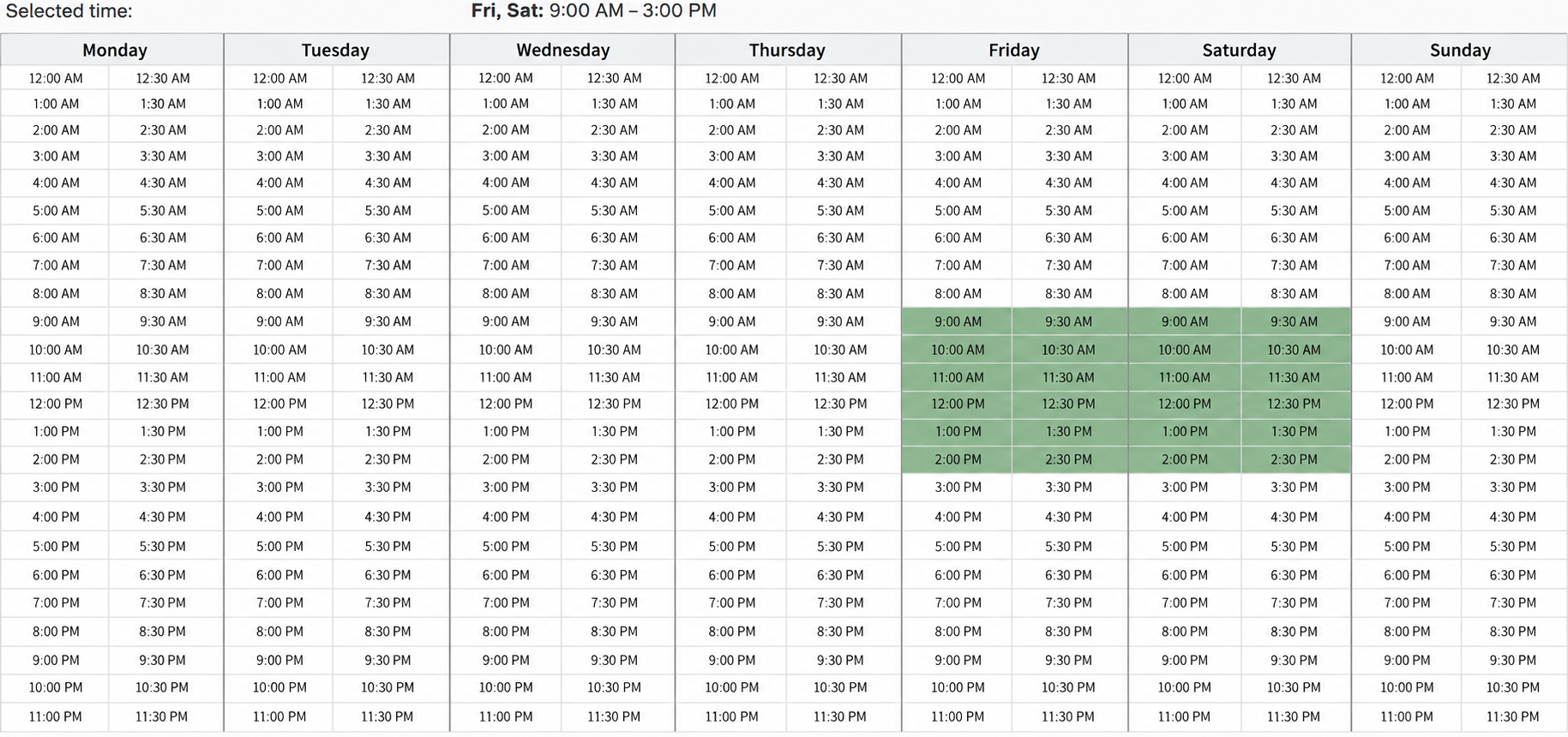 Driving-test calendar: Friday and Saturday from 09:00 to 15:00