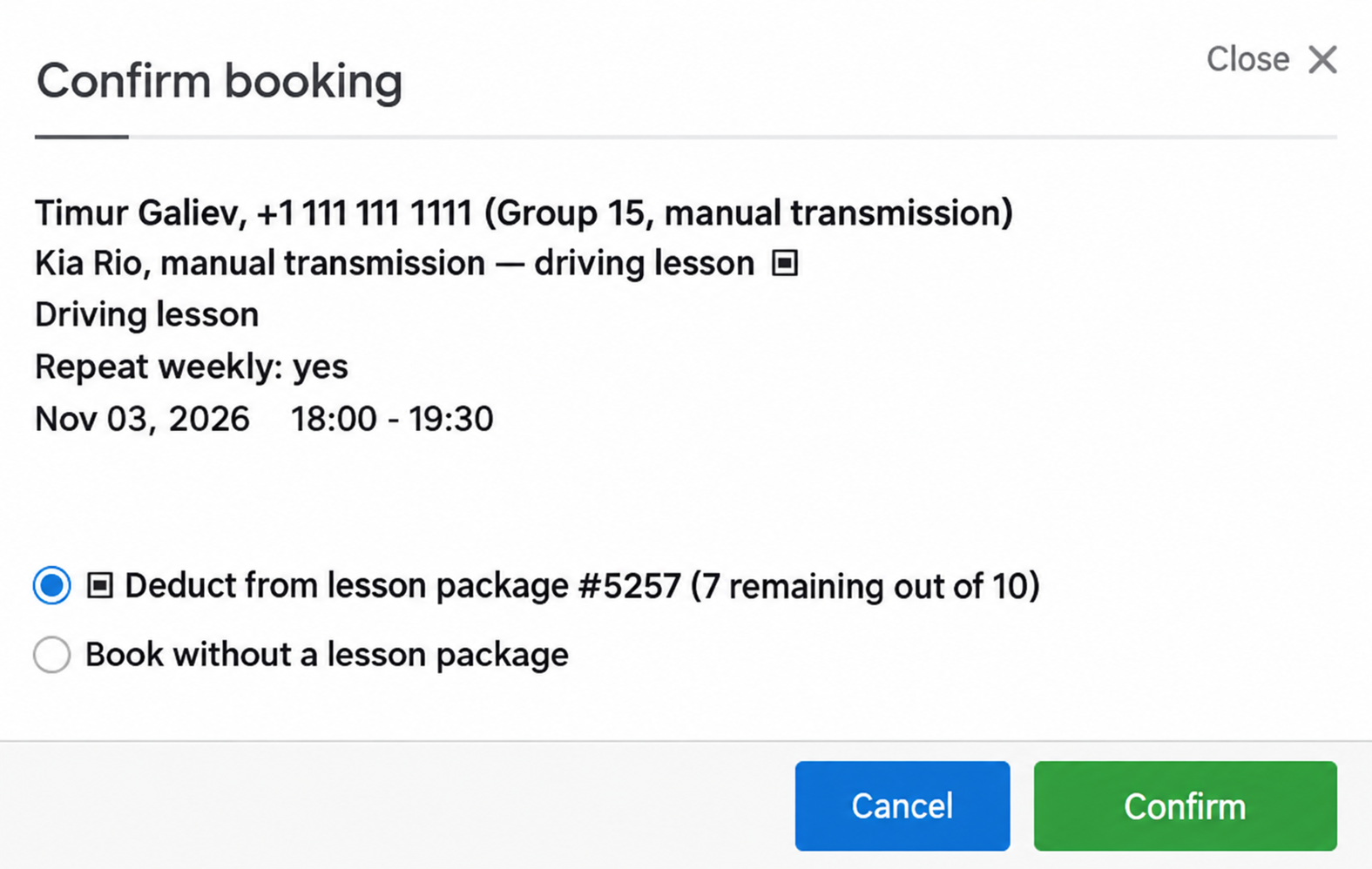 Booking confirmation with a lesson-package choice