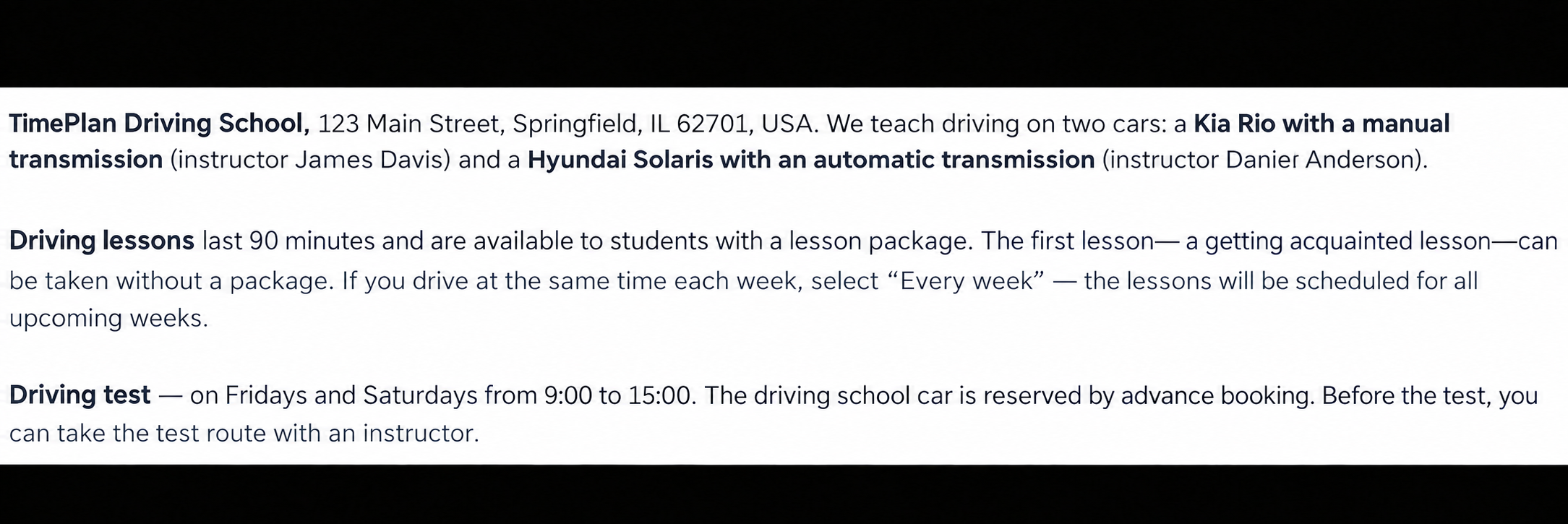 Driving-school information on the booking page