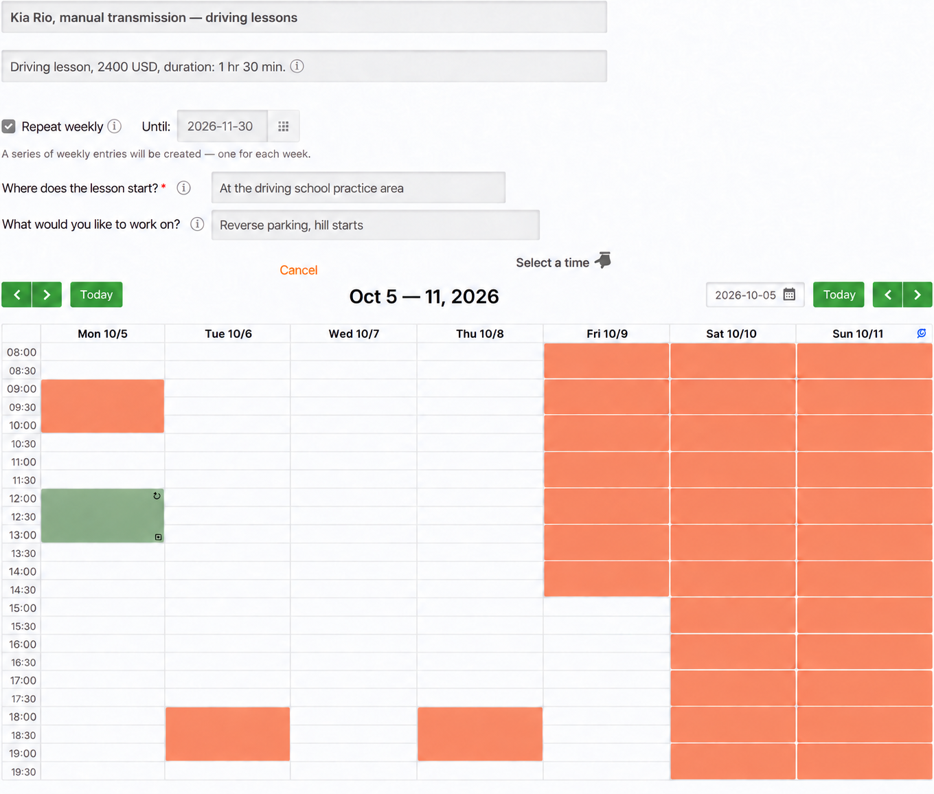 Student booking page for driving lessons