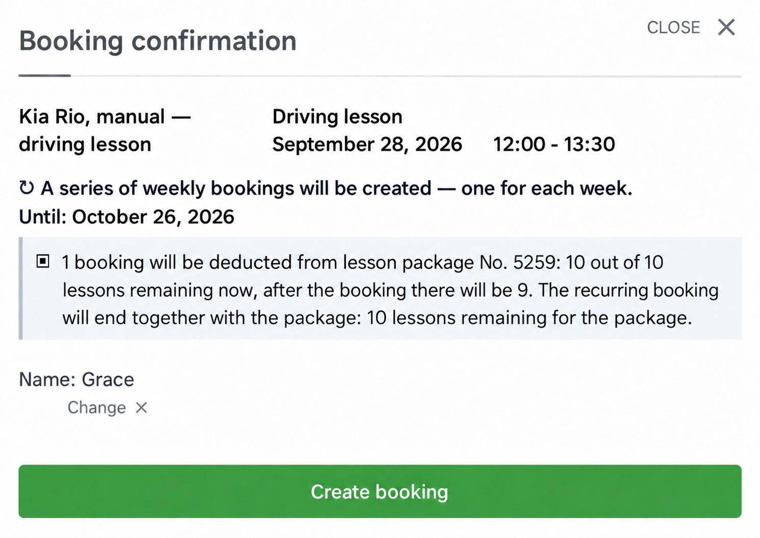 Confirming a weekly series using a lesson package