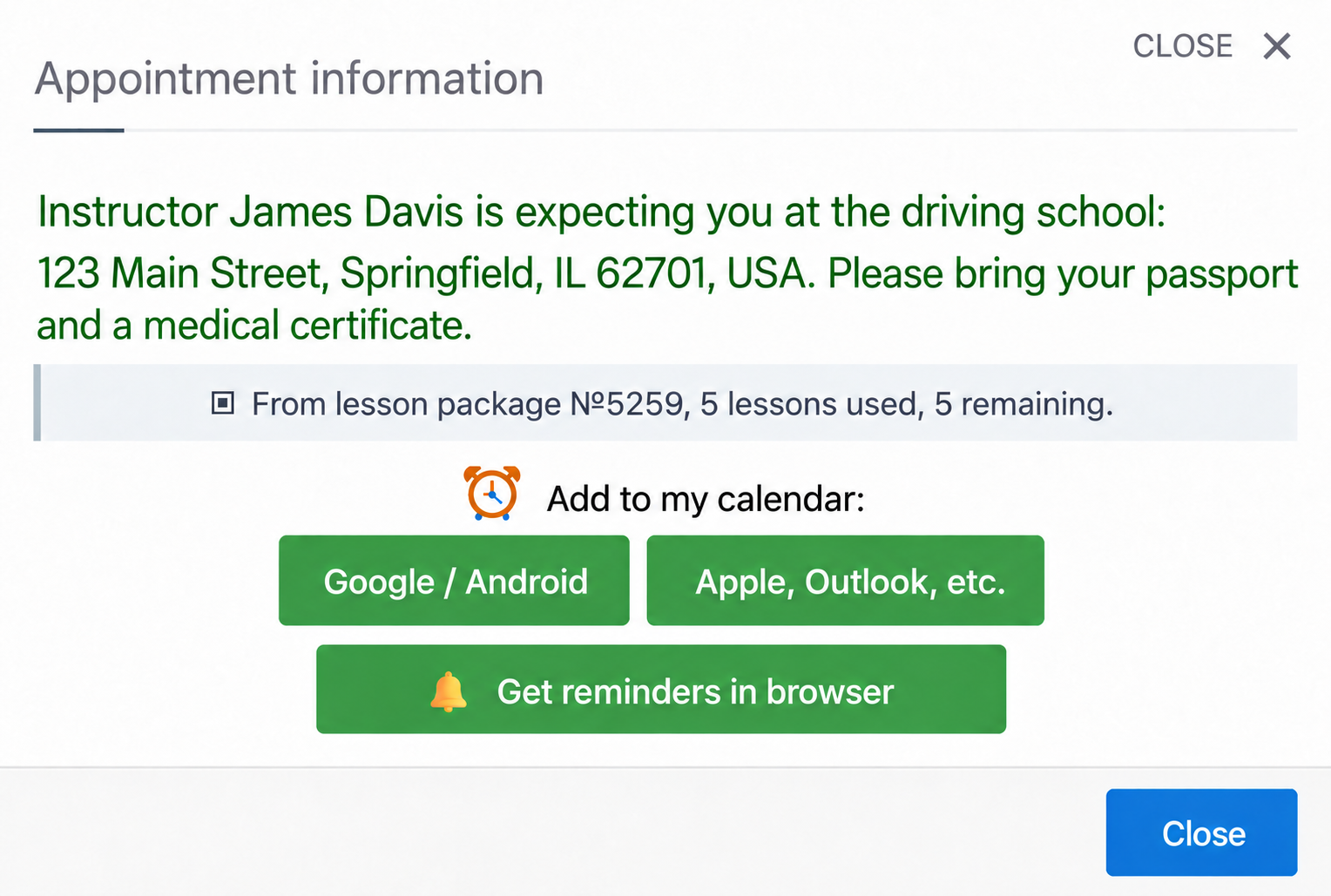Successful booking and the instructor's message