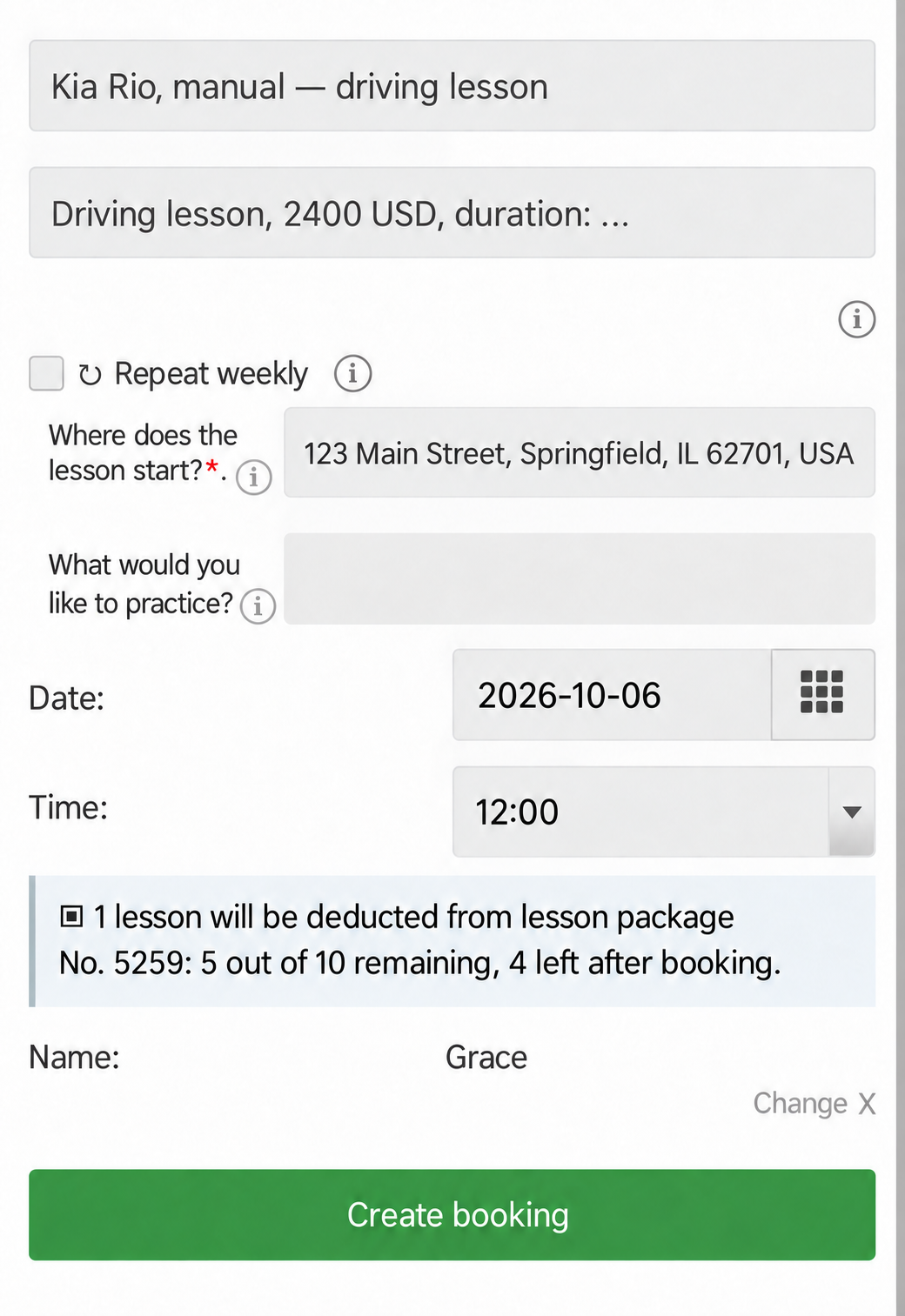 Mobile driving-lesson booking form