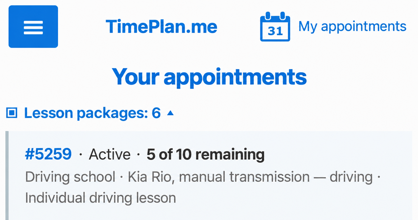 Lesson packages in the mobile My Appointments section