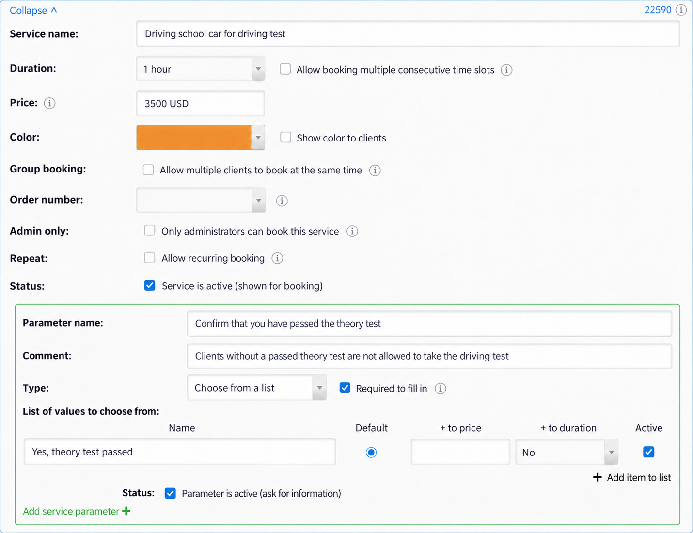 Driving-test service settings and extra questions