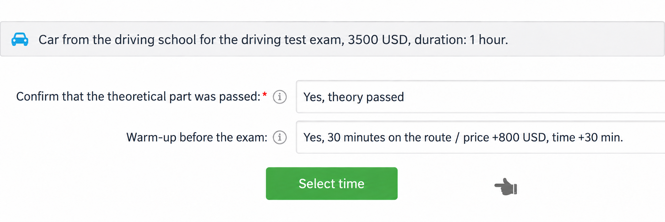 Booking a car for a driving test with optional warm-up time