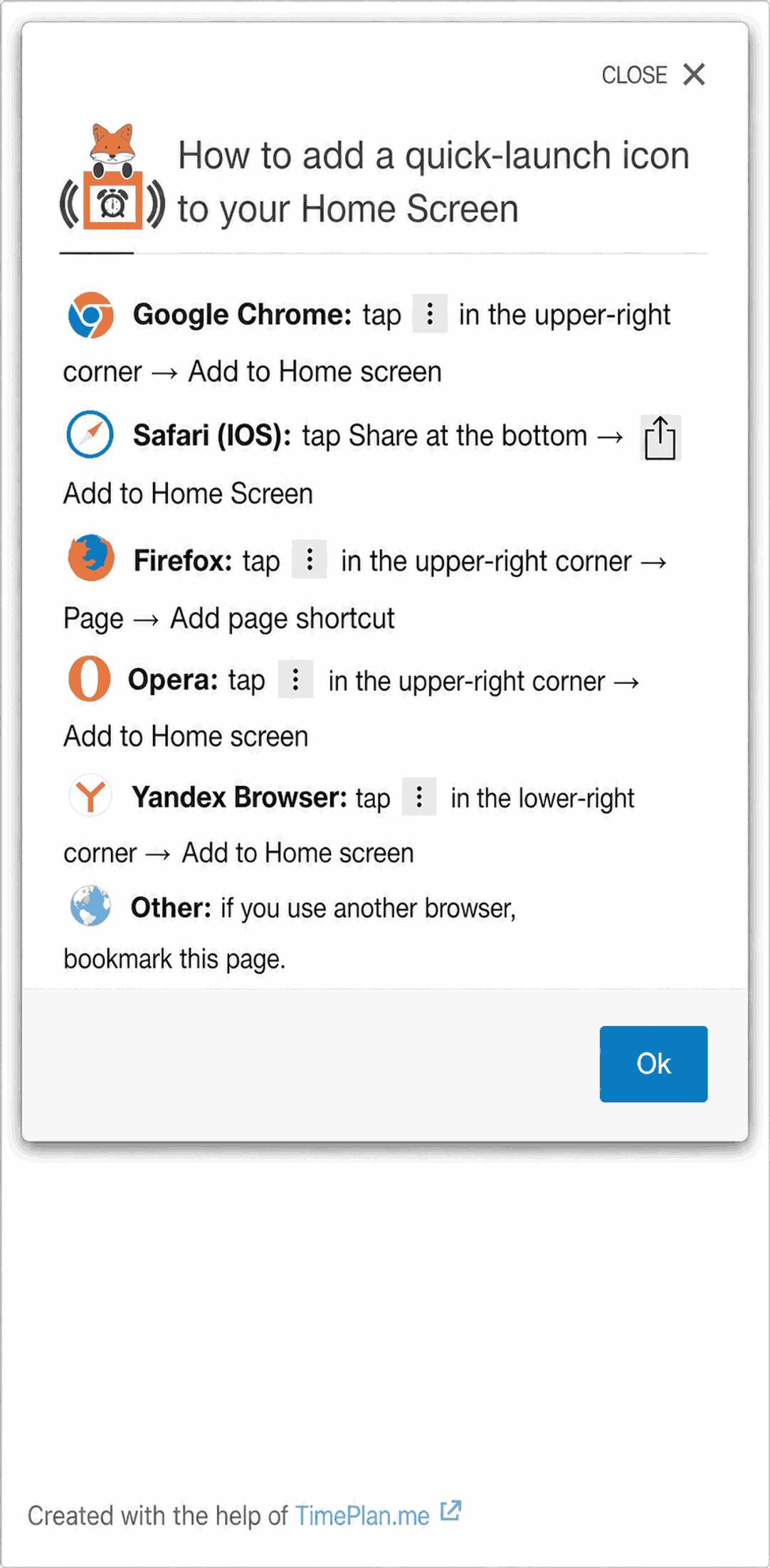 Instructions for adding the site to the Home Screen