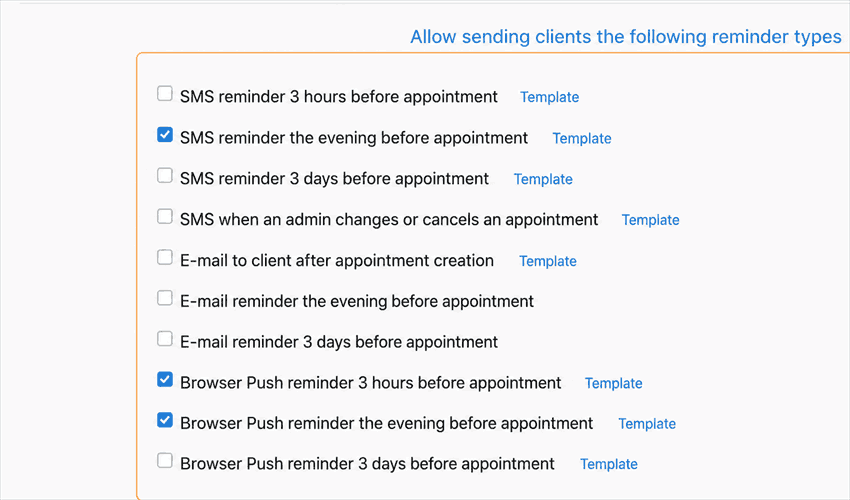 Reminder types in settings
