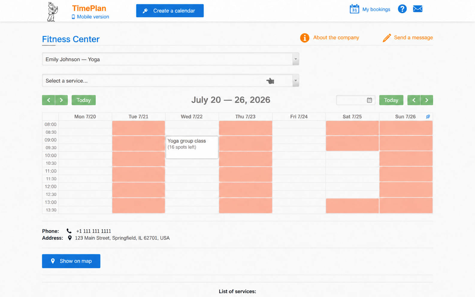 Public booking page with group classes