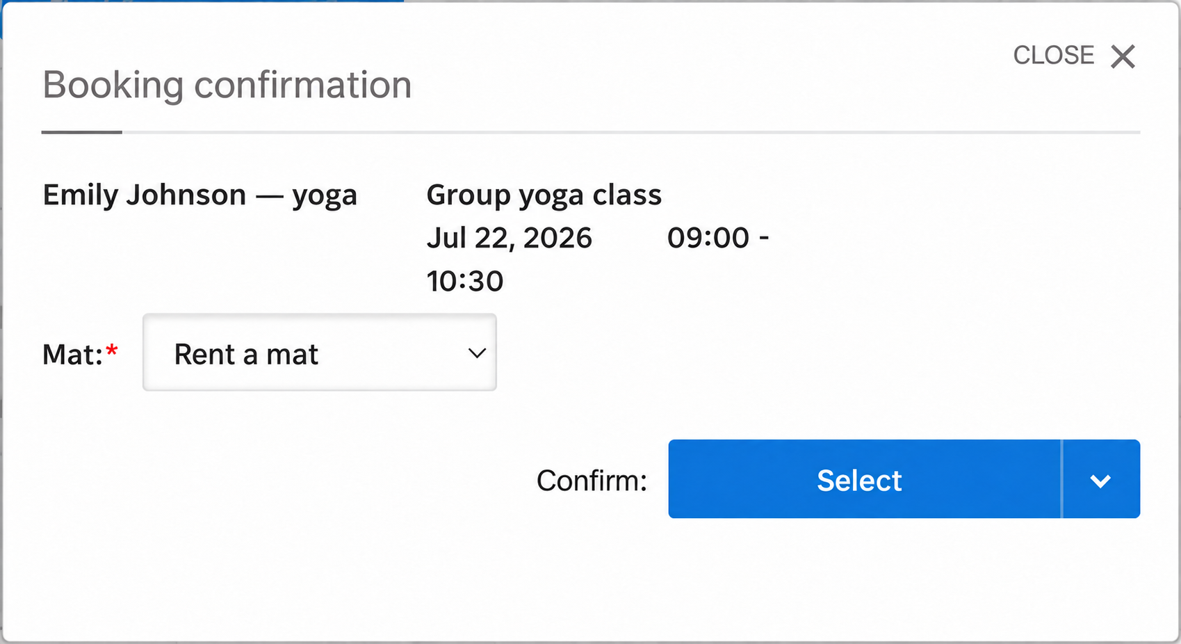 A required field on the client booking form