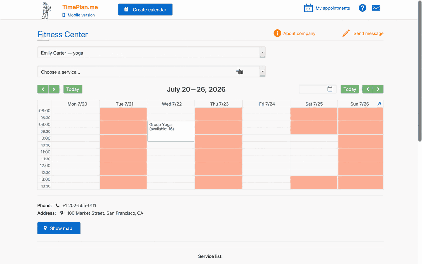 Client online booking page