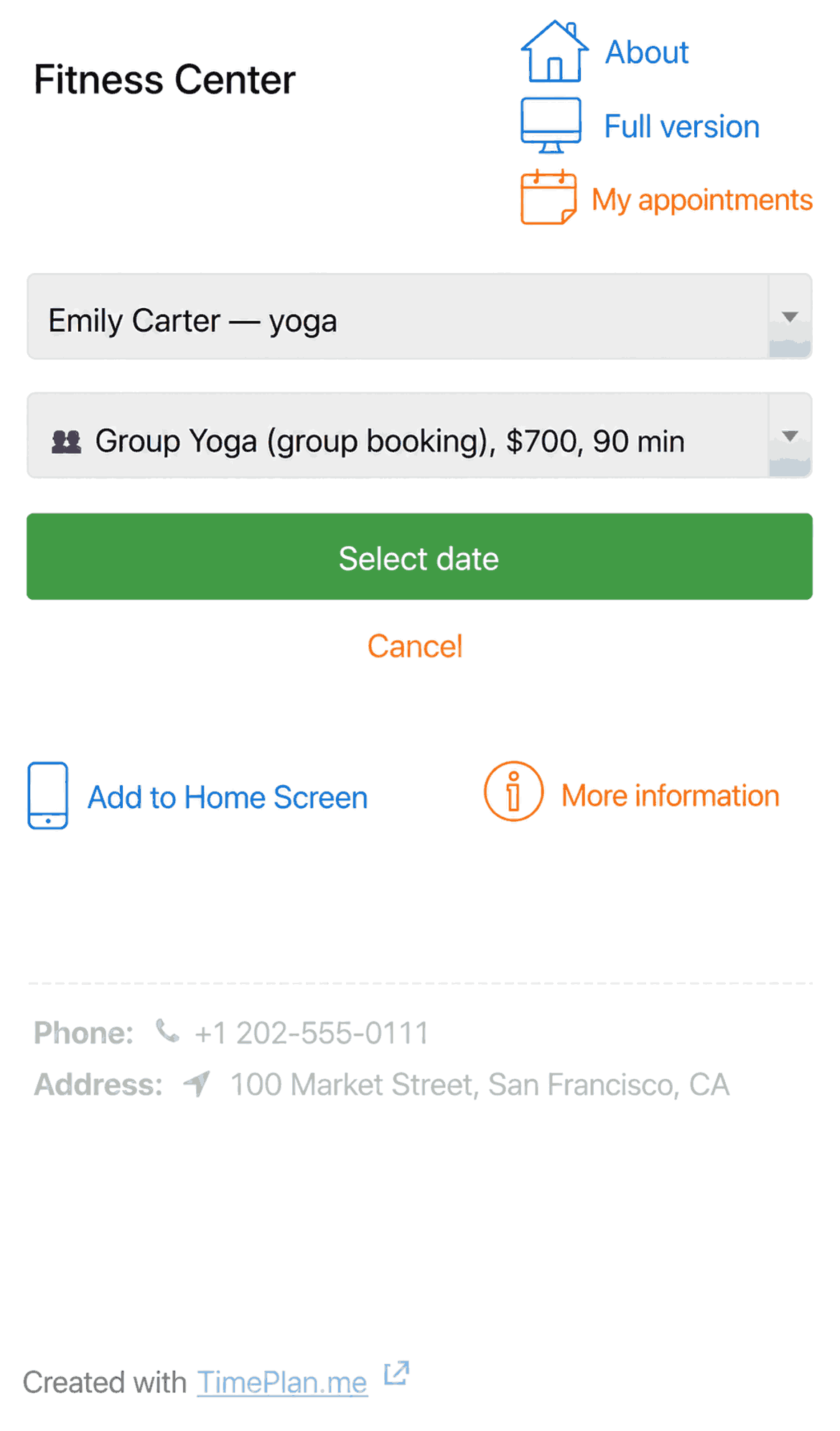 Mobile version — service selected