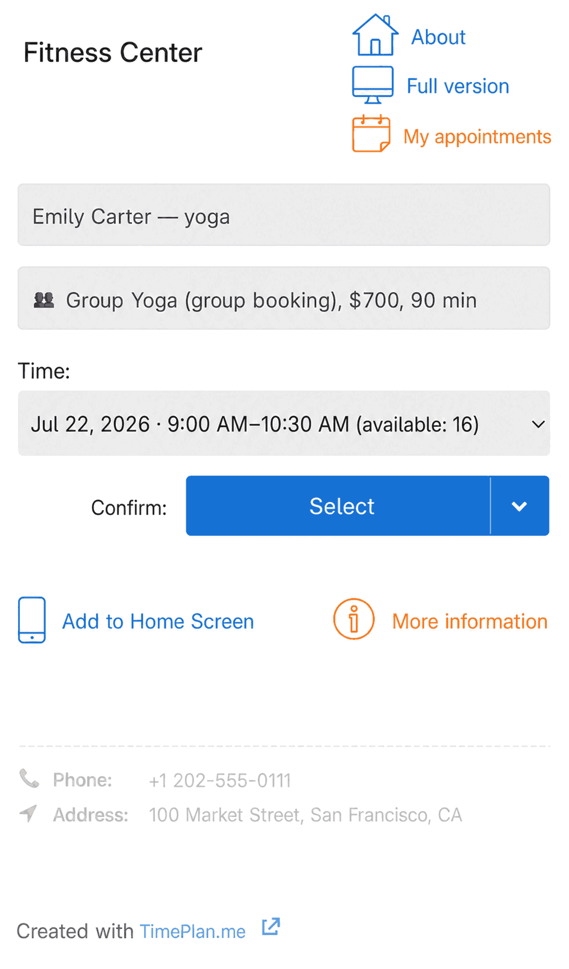 Mobile version — time selection