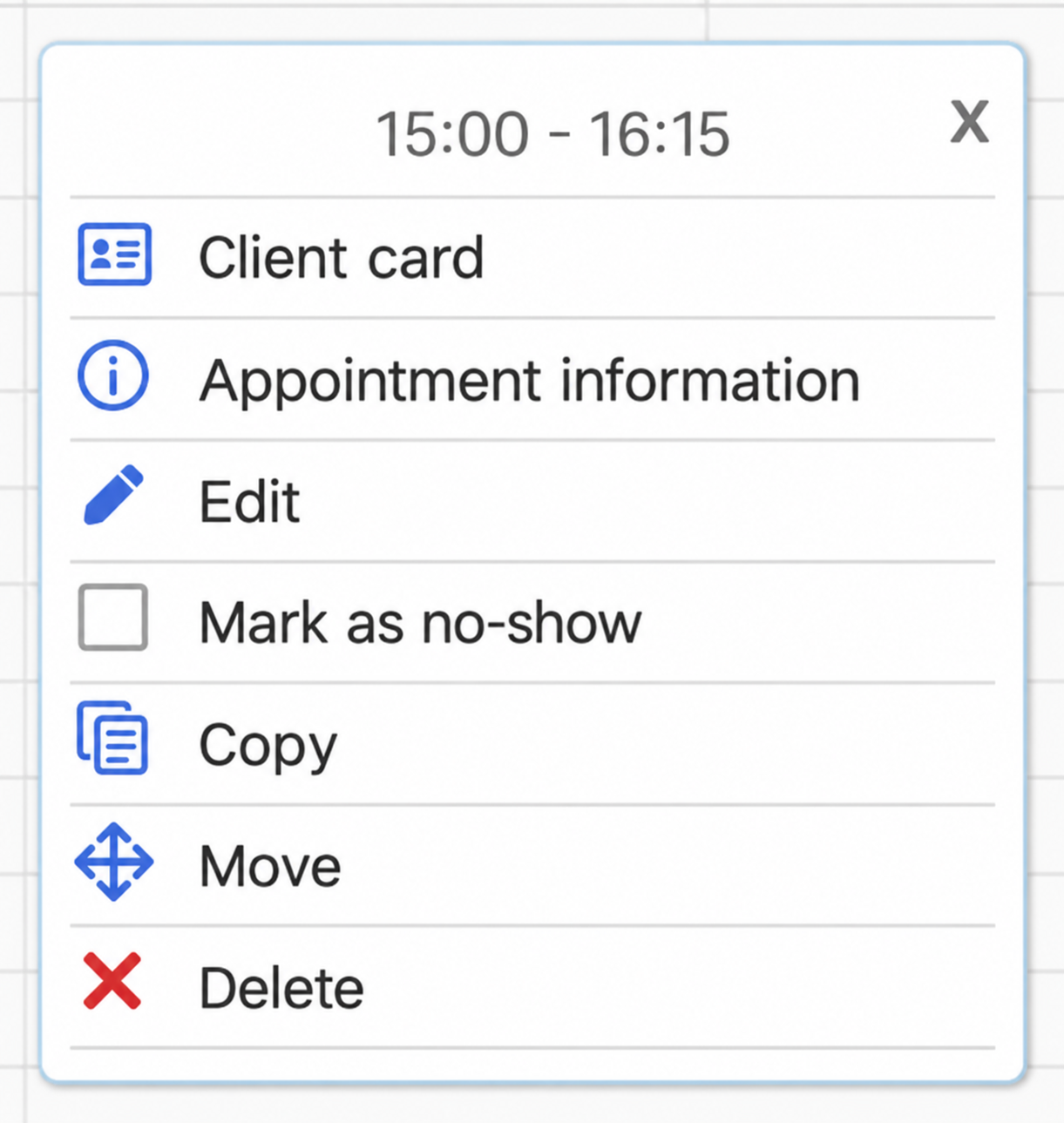 Appointment menu with Mark as no-show