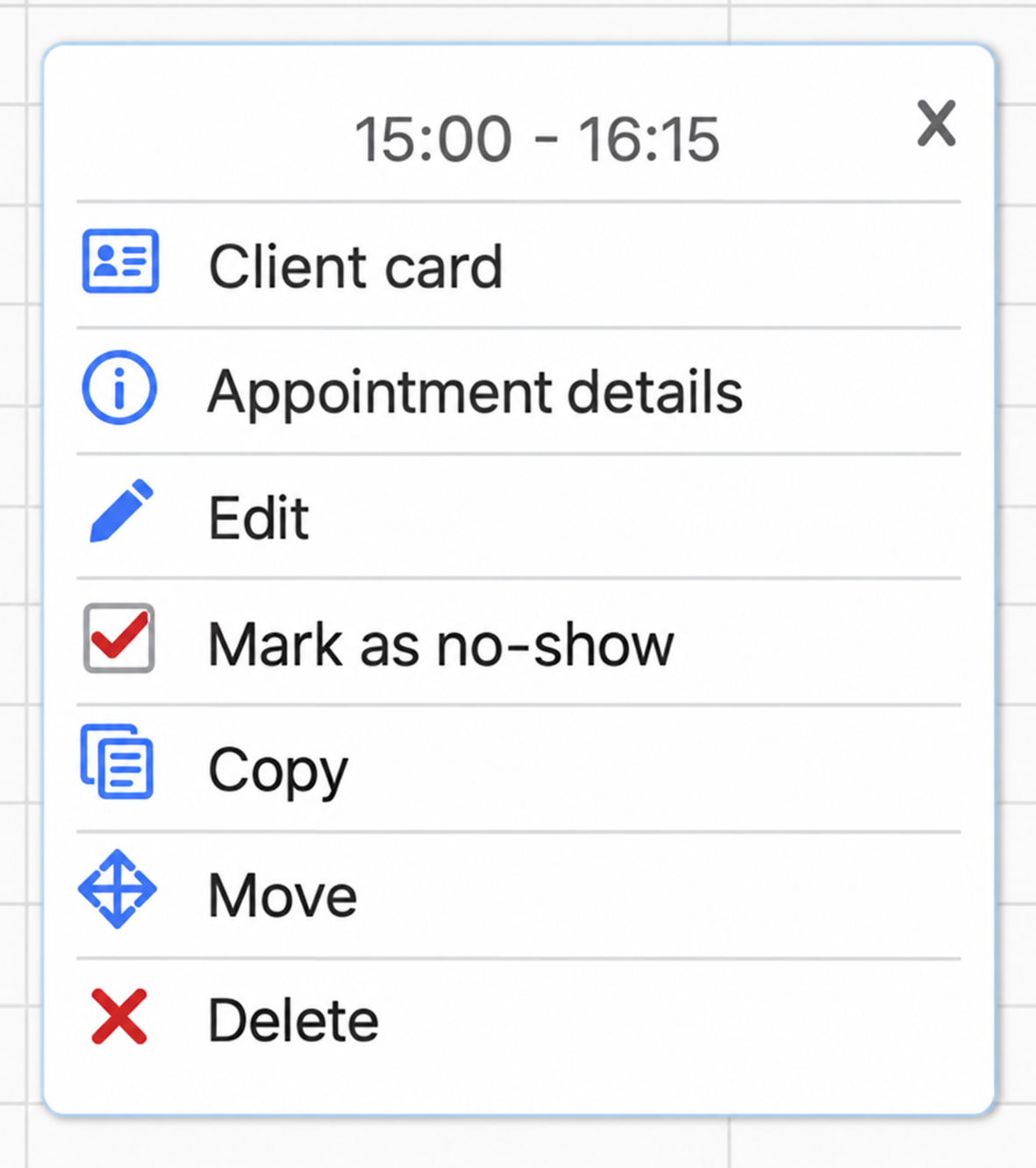 Menu for an appointment already marked as missed