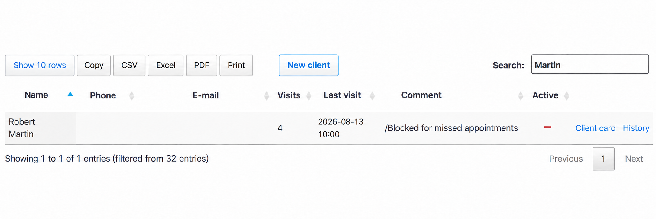Client list showing blocked clients