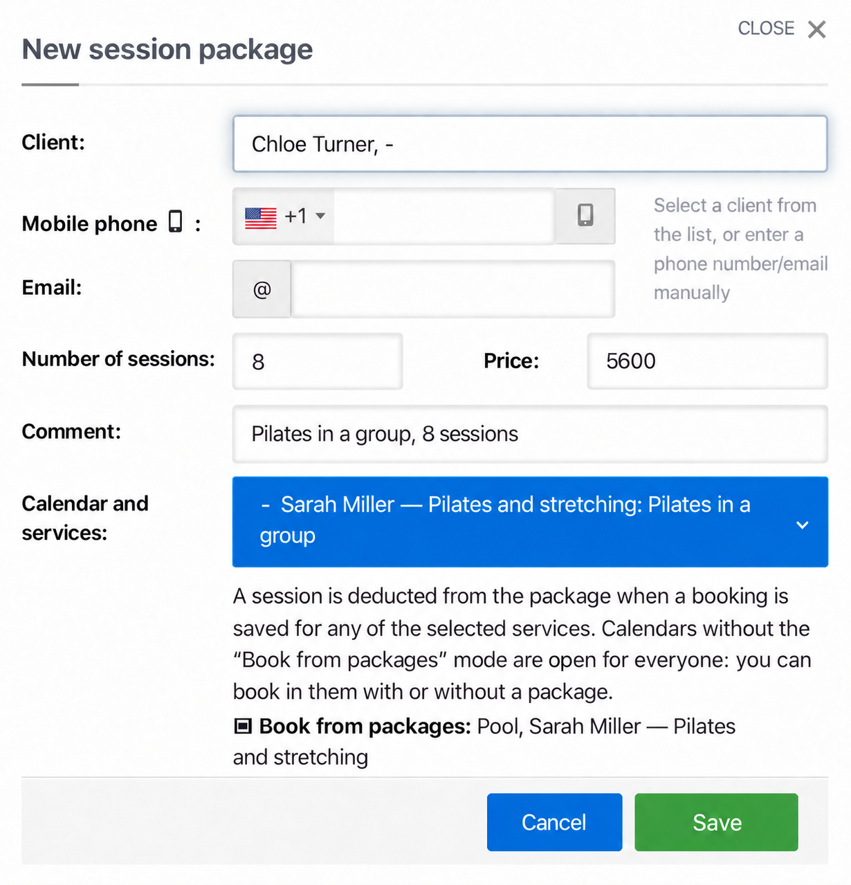 Creating a package with a client, session count, price and service scope