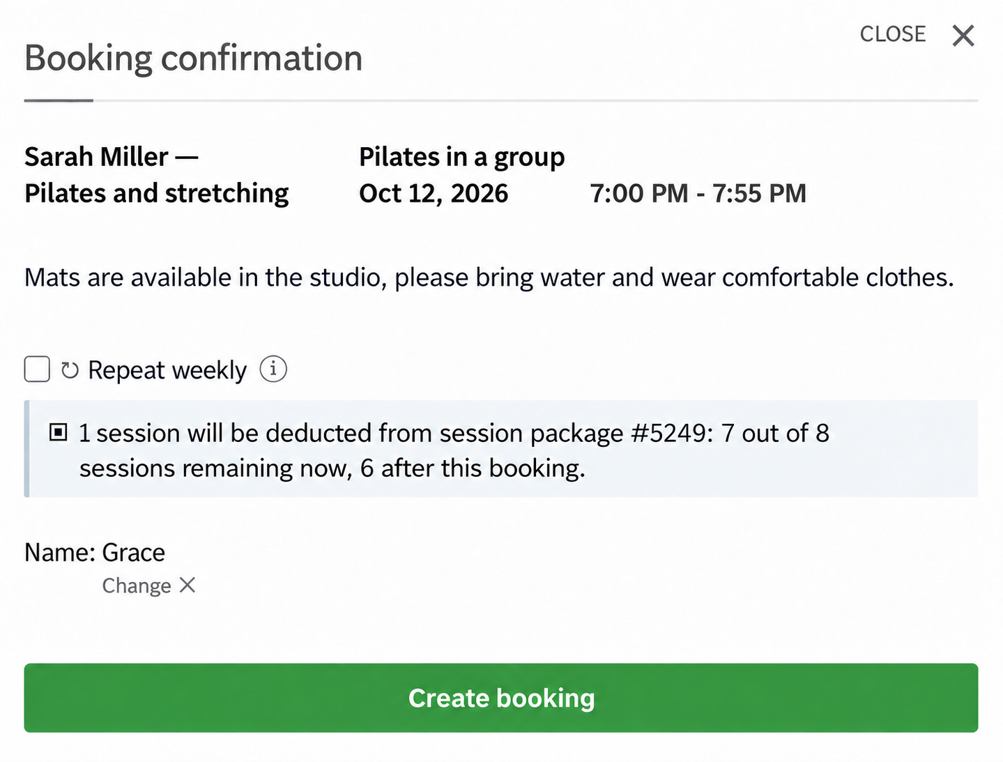 Booking confirmation with package details and the remaining balance