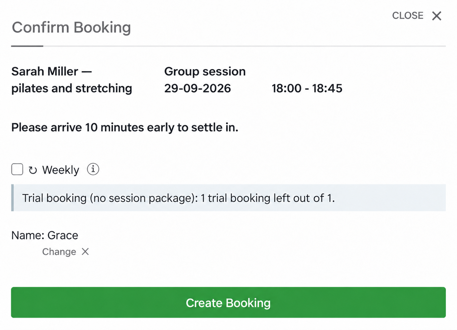 A trial booking and the remaining trial allowance