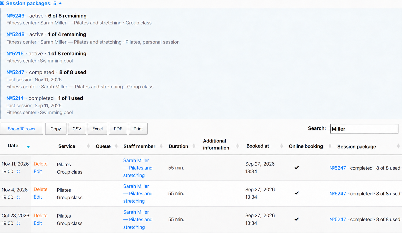Packages and appointment history in the client account