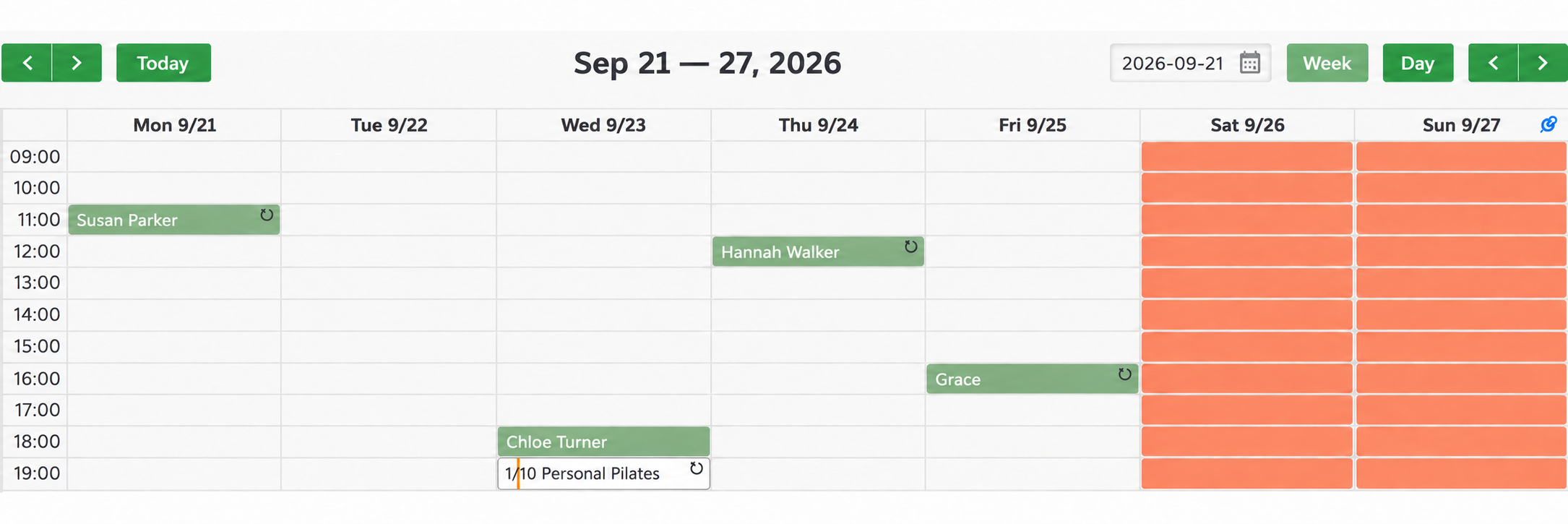 Weekly appointments marked with the repeat symbol