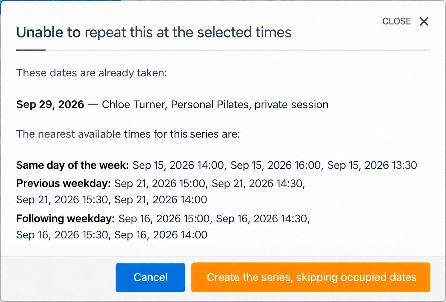 Conflicting dates and alternative booking options