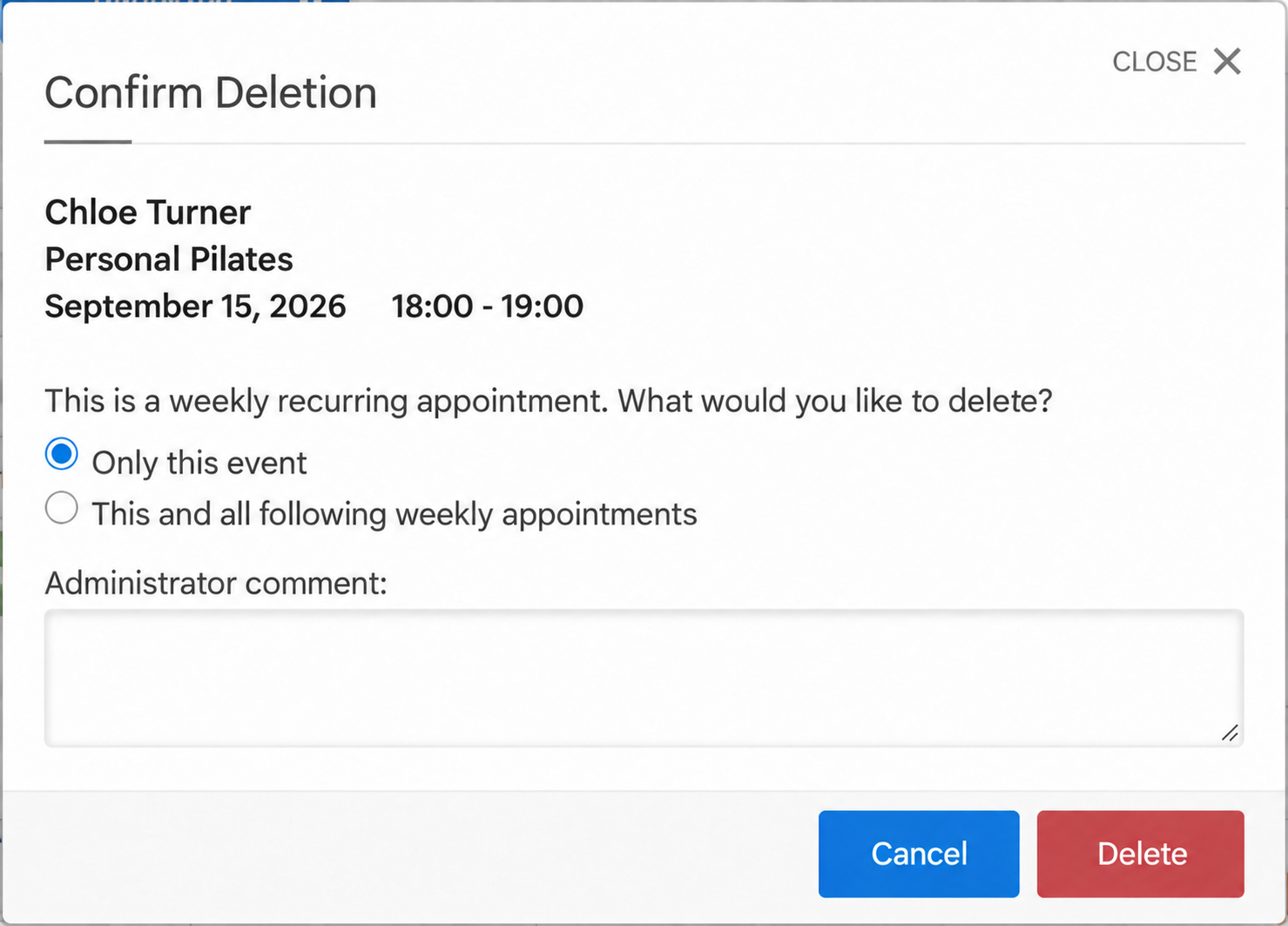Choosing whether to delete one appointment or the rest of the series