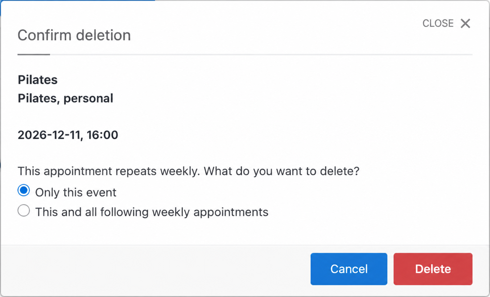 Client cancellation options for a recurring booking