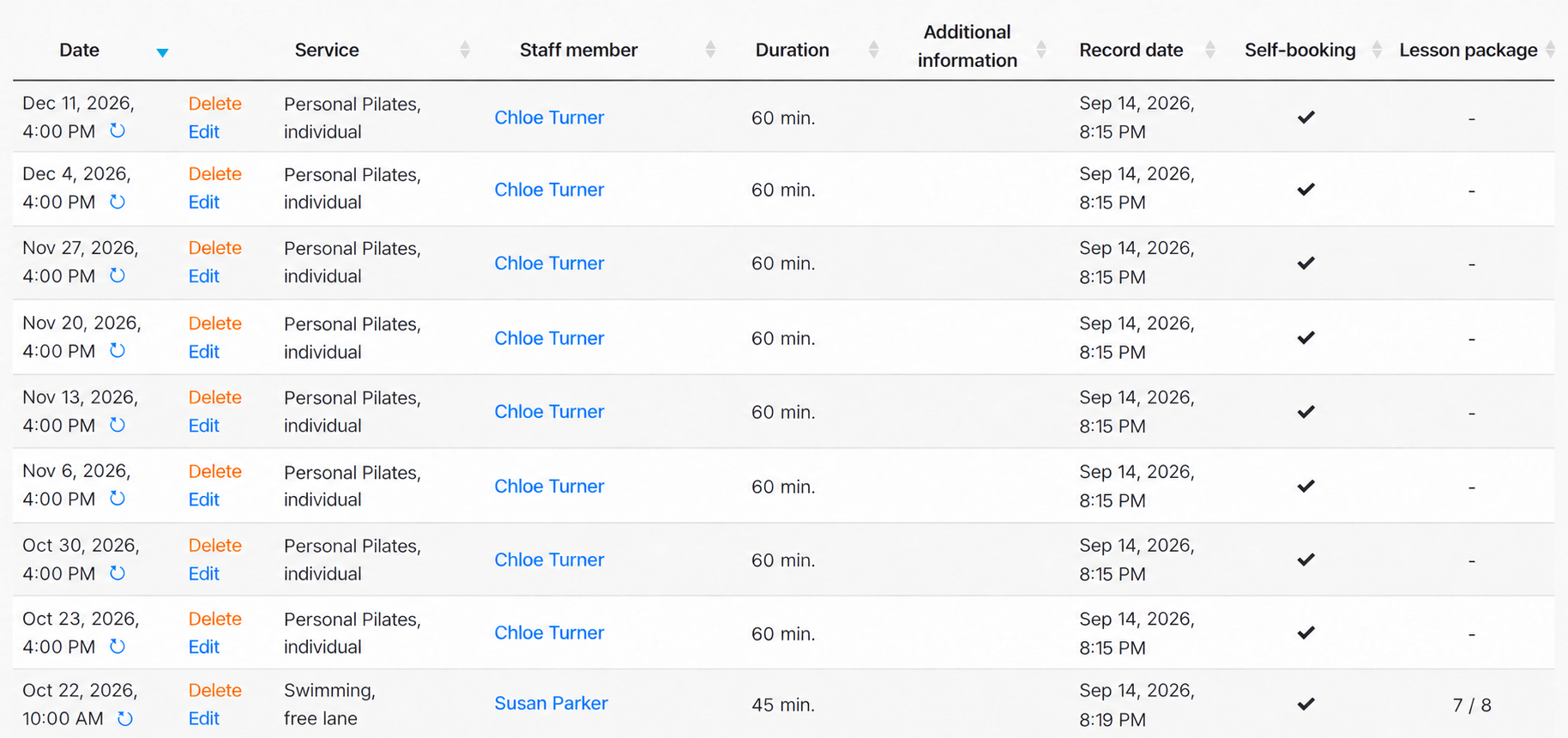 A client's appointments with repeat symbols and package information