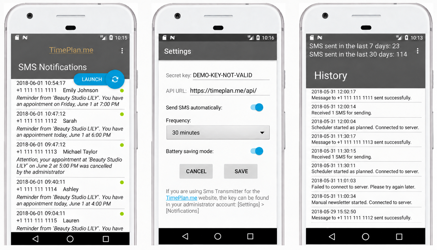 SMS Transmitter message queue, settings and history