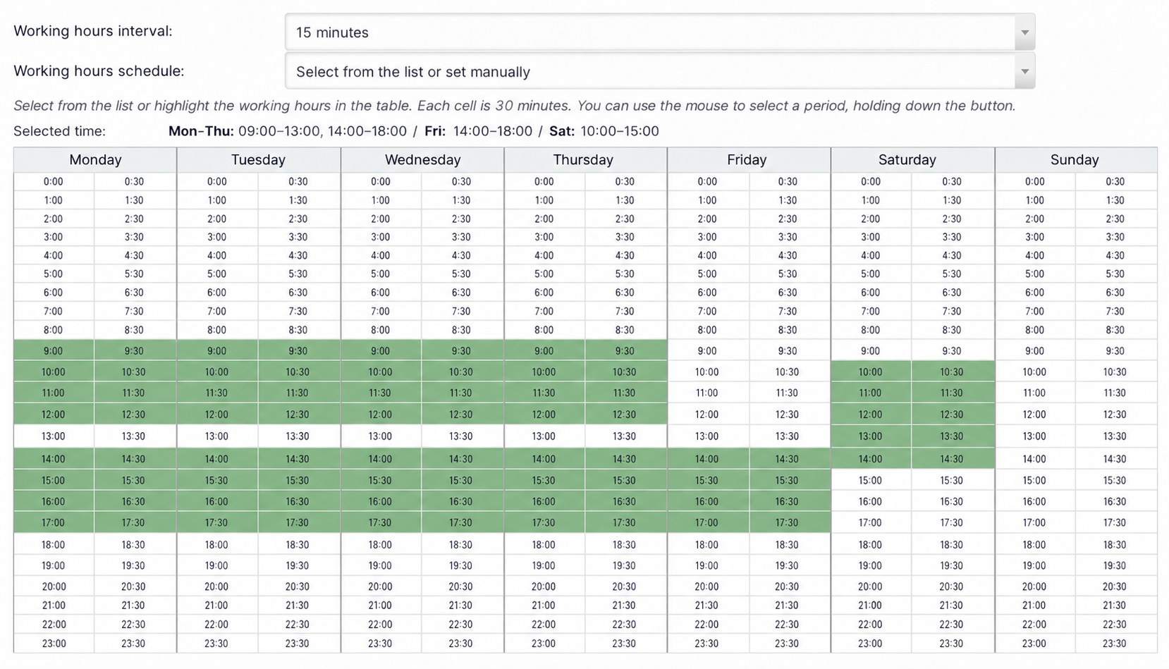 Schedule tab: calendar interval, templates and working-hours grid