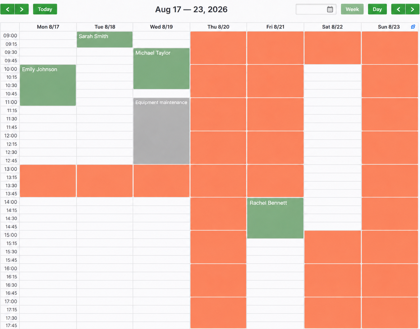 Administrator calendar with appointments, reserved time and closed hours