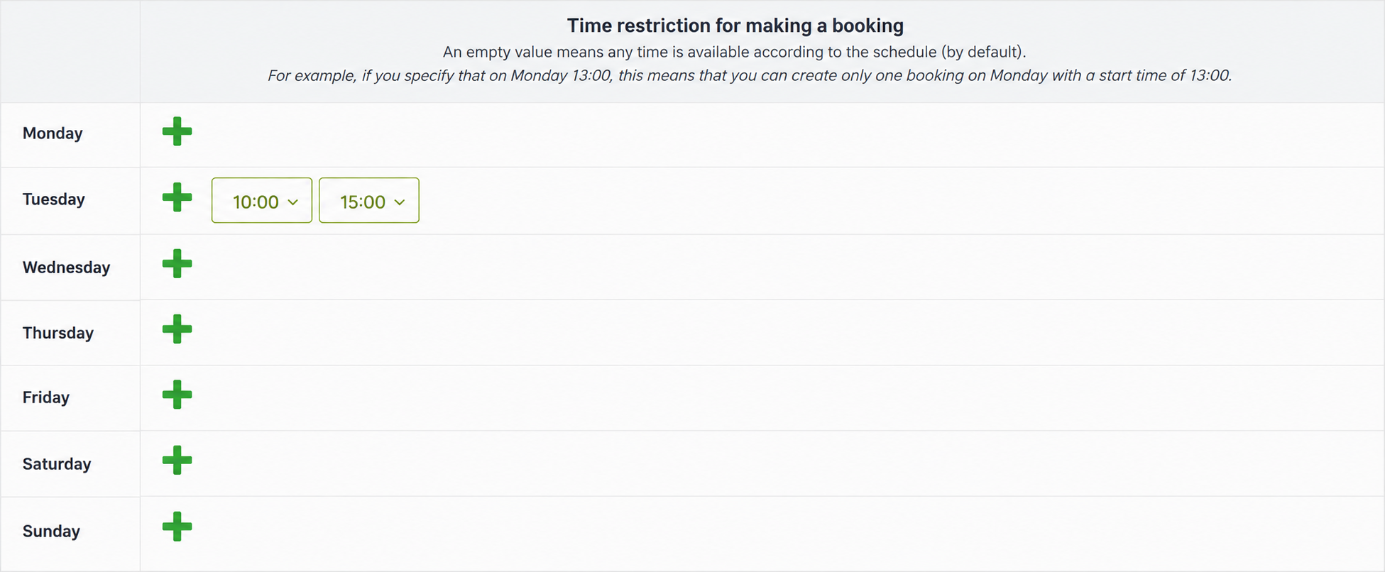 Allowed start times by weekday