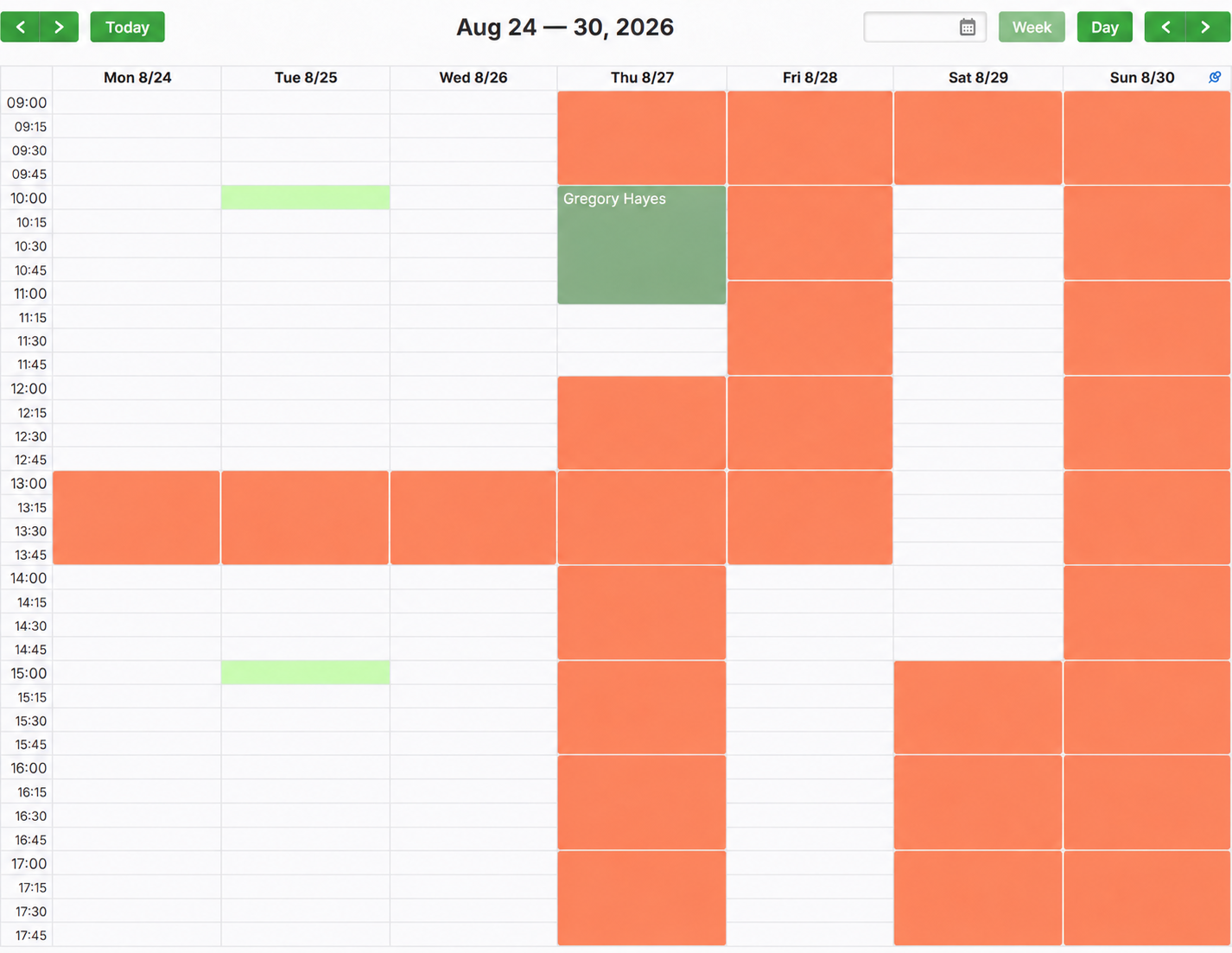 Allowed self-booking starts highlighted in the administrator calendar